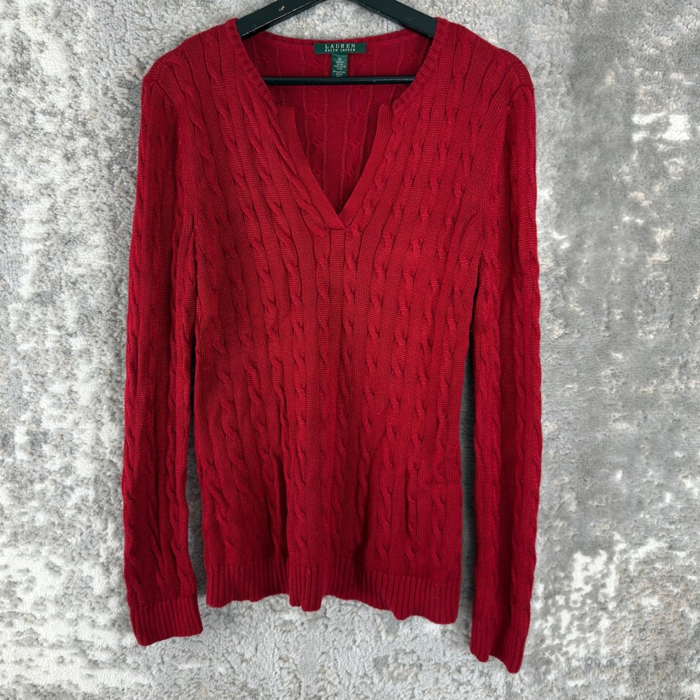 Lauren Ralph Lauren Size M Cable Knit V-Neck Sweater Red Long Sleeve Women
